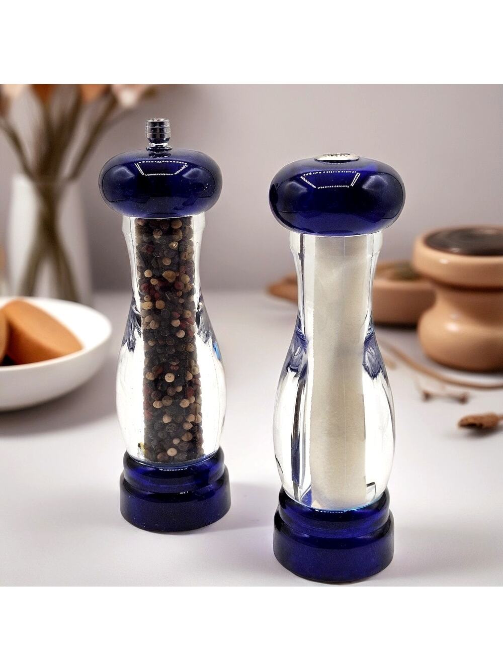 Olde Thompson Acrylic Salt And Pepper Grinder Set Blue Tops Kitchen Seasoning